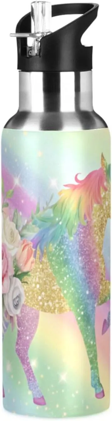 Qilmy Rainbow Horse Sport Water Bottle with Straw Lid Double Wall Vacuum Insulated Flask Stainless Steel Water Bottle 20 oz