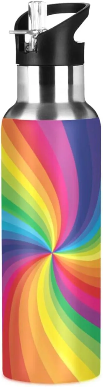 Qilmy Rainbow Sport Water Bottle with Straw Lid Double Wall Vacuum Insulated Flask Stainless Steel Water Bottle 20 oz