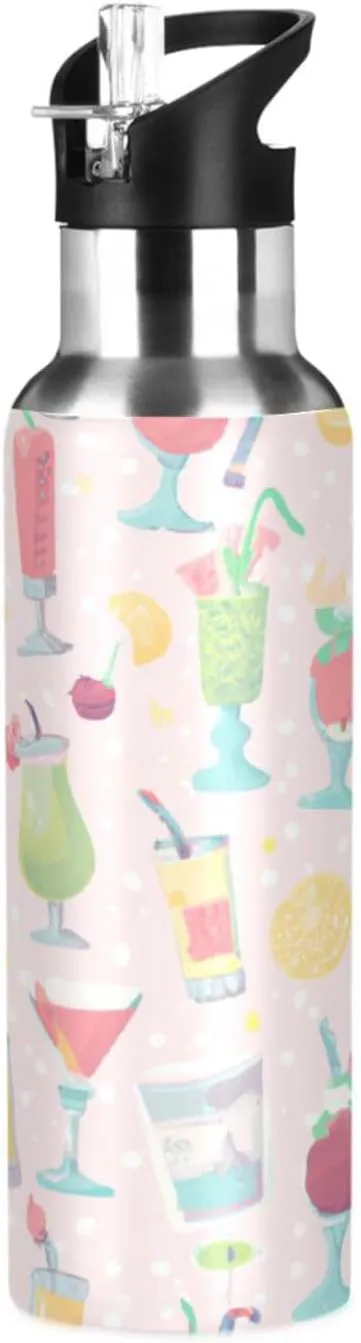 Qilmy Summer Drink Pattern Sport Water Bottle with Straw Lid Double Wall Vacuum Insulated Flask Stainless Steel Water Bottle 20 oz
