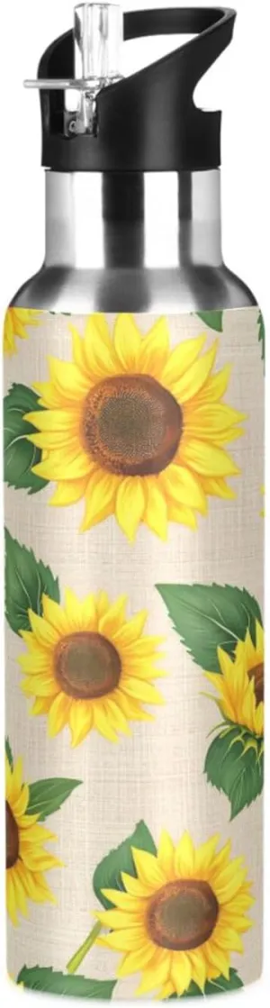 Qilmy Sunflower Pattern Sport Water Bottle with Straw Lid Double Wall Vacuum Insulated Flask Stainless Steel Water Bottle 20 oz