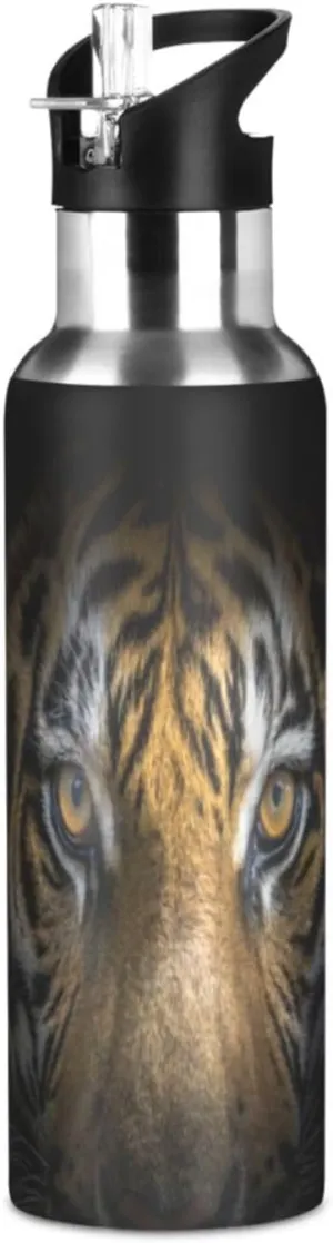 Qilmy Tiger Print Black Sport Water Bottle with Straw Lid Double Wall Vacuum Insulated Flask Stainless Steel Water Bottle 20 oz