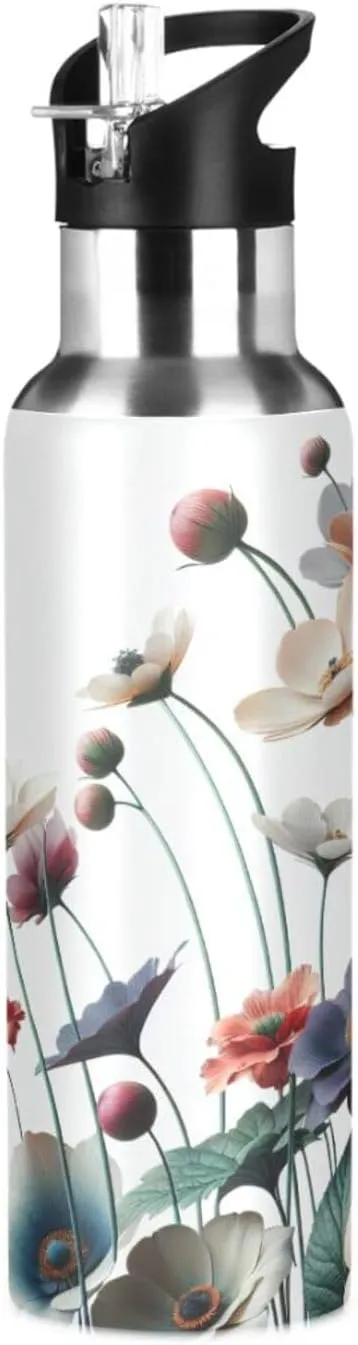 Qilmy Vintage Flowers Sport Water Bottle with Straw Lid Double Wall Vacuum Insulated Flask Stainless Steel Water Bottle 20 oz