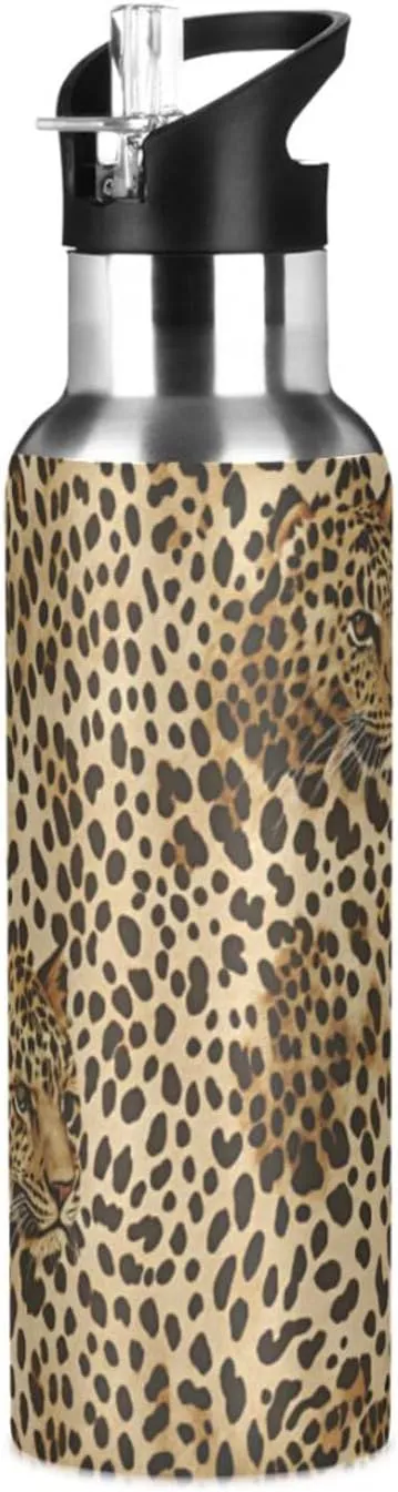 Qilmy Vintage Leopard Print Sport Water Bottle with Straw Lid Double Wall Vacuum Insulated Flask Stainless Steel Water Bottle 20 oz