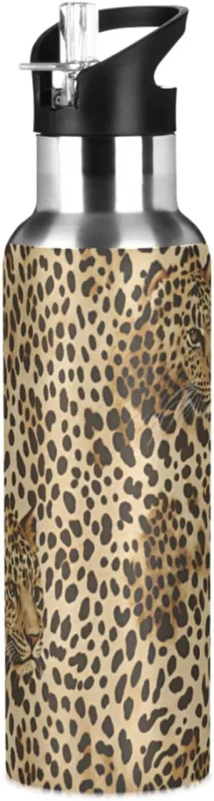 Qilmy Vintage Leopard Print Sport Water Bottle with Straw Lid Double Wall Vacuum Insulated Flask Stainless Steel Water Bottle 20 oz