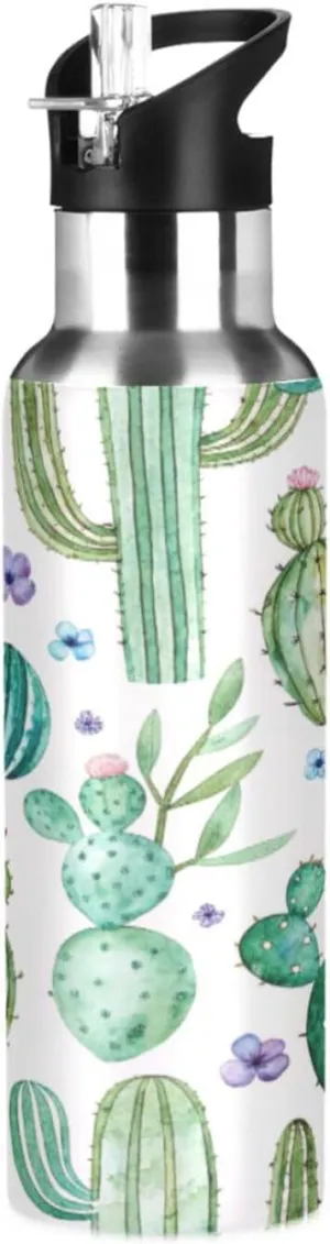 Qilmy Watercolor Cactus Plants Sport Water Bottle with Straw Lid Double Wall Vacuum Insulated Flask Stainless Steel Water Bottle 20 oz