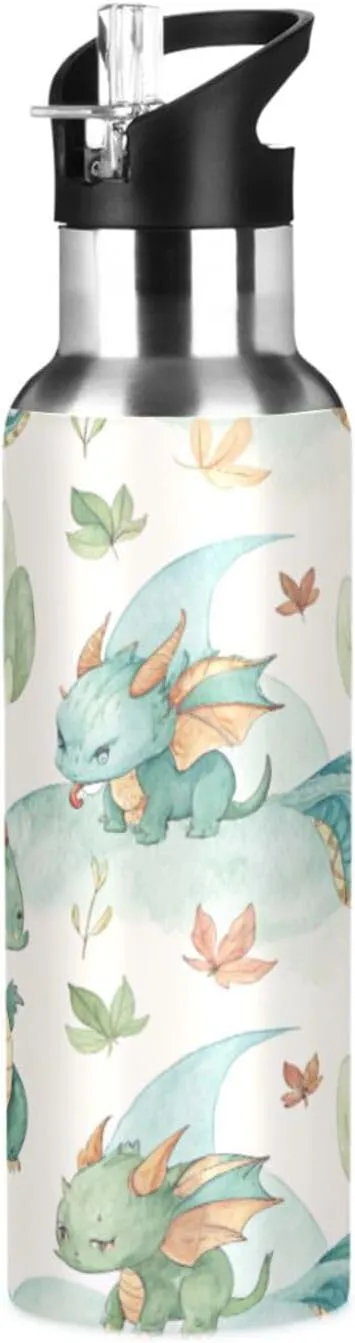 Qilmy Watercolor Dragon Sport Water Bottle with Straw Lid Double Wall Vacuum Insulated Flask Stainless Steel Water Bottle 20 oz