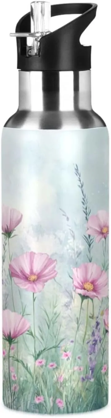 Qilmy Watercolor Wildflowers Sport Water Bottle with Straw Lid Double Wall Vacuum Insulated Flask Stainless Steel Water Bottle 20 oz