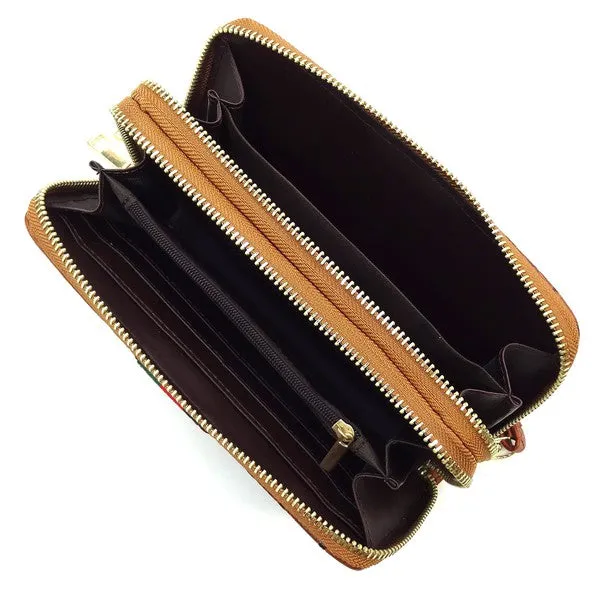Queen Bee Wallet with Stripe Ostrich Croc-Double Zip Around Wallet