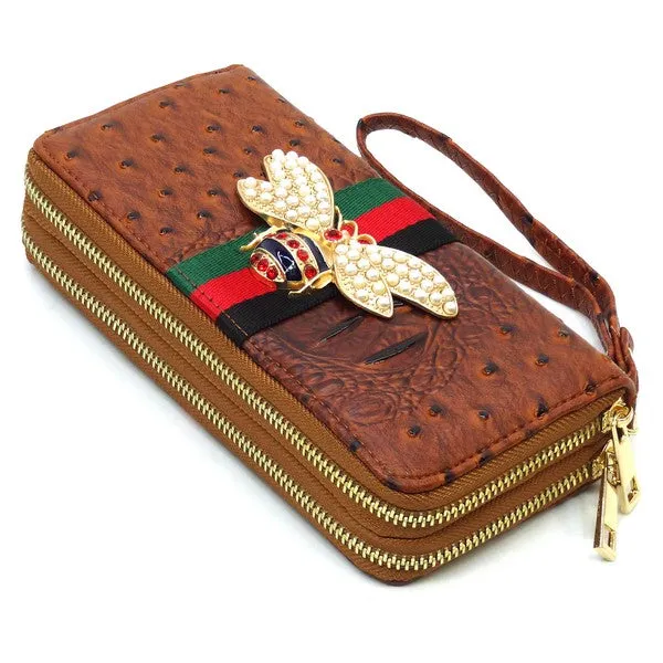 Queen Bee Wallet with Stripe Ostrich Croc-Double Zip Around Wallet