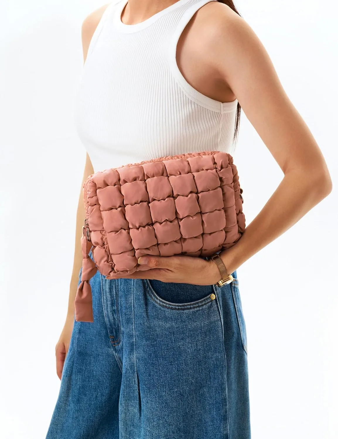 Quilted Makeup Bag Puffy Cosmetic Bag Cute Puffer Travel Toiletry Bag for Women, Large Makeup Pouch for Purse Quilted Cosmetic Pouch for Essentials Toiletries, Christmas for Women, Girls