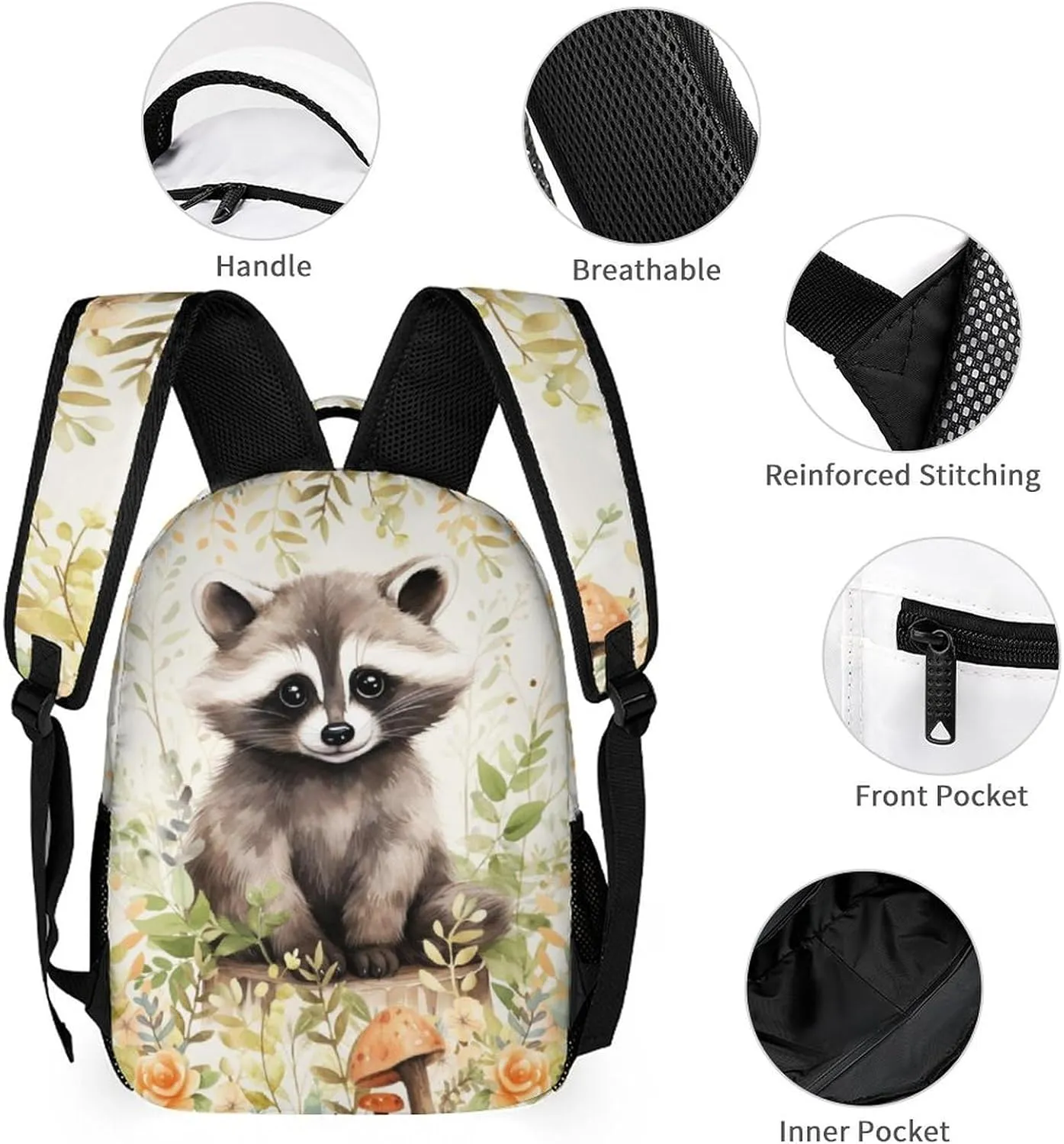 Raccoon Backpack for Kids Girls Boys School, 16 Inches Cute Raccoons Theme Bookbag, Adjustable, Lightweight, Large Capacity, Colorful Daily Casual Animal Backpacks