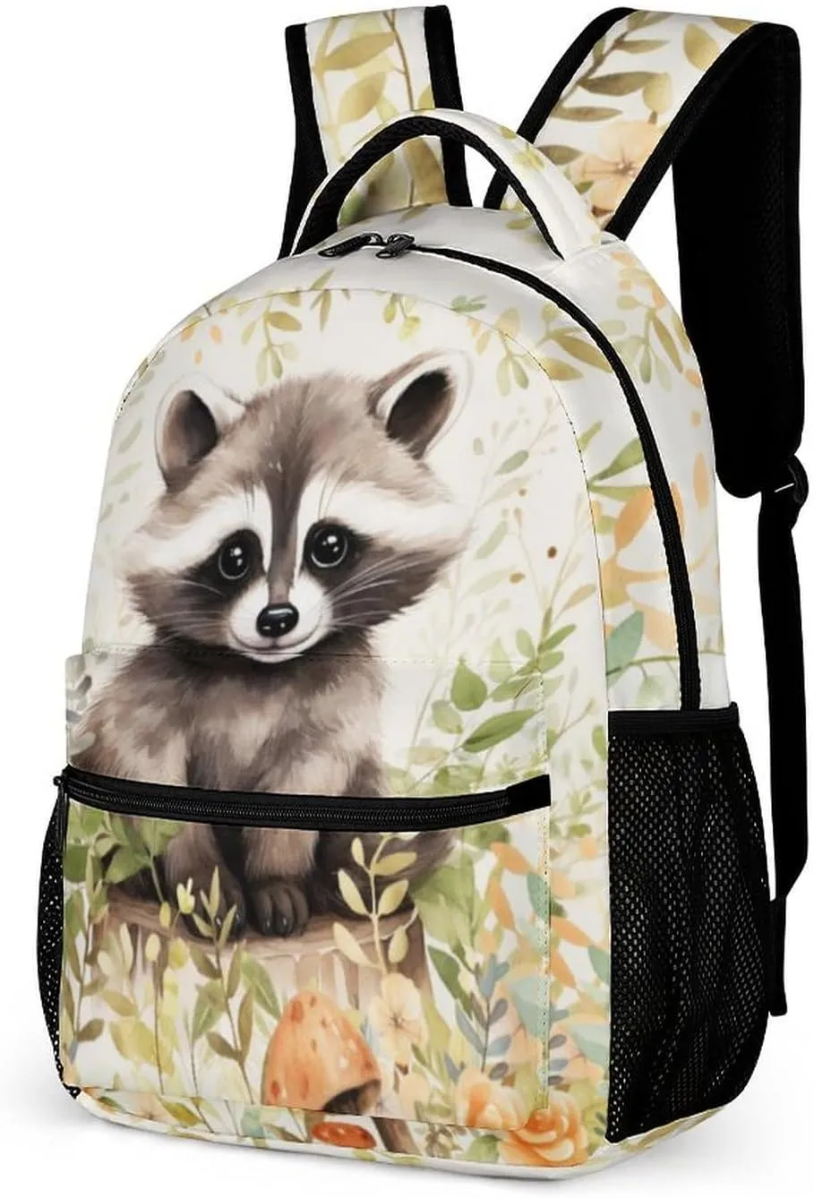 Raccoon Backpack for Kids Girls Boys School, 16 Inches Cute Raccoons Theme Bookbag, Adjustable, Lightweight, Large Capacity, Colorful Daily Casual Animal Backpacks