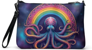 Rainbow Octopus Crossbody Purse, Sea Creature Wristlet, Cosmic Faux Leather Shoulder Bag, Outer Space Fashion Accessory