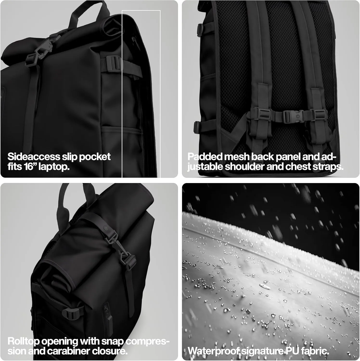 RAINS Rolltop Rucksack Large – Waterproof, Cycle-Ready, with Laptop Pocket and Chest Strap for Secure, Weatherproof Travel (Black)