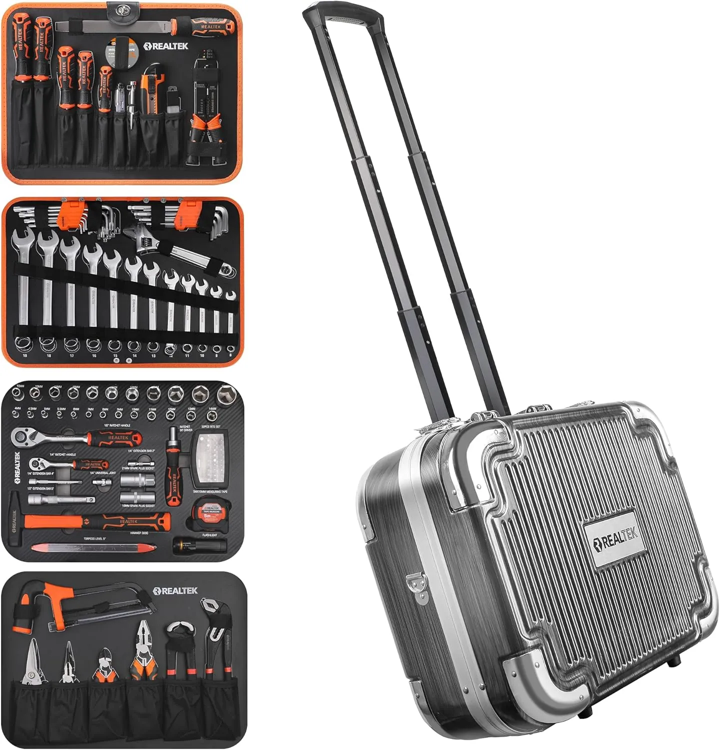 REALTEK 123 Piece Tool Set with Aluminum Case, Mechanics Tool Set with CR-V Constructed, Professional Tool Kit for Home and Car Repair