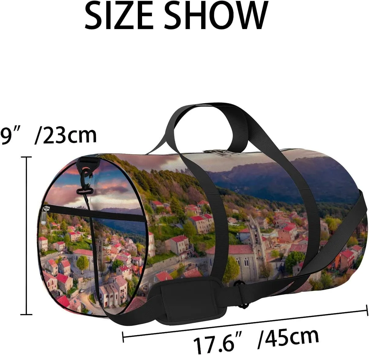 Red Beautiful Scenic Sight Little Town Sports Bag Tote Bag Waterproof Gym Bag with Shoulder Strap Zipper 2 Side Pockets for Men and Women, Travel and Storage Shoulder Bag.