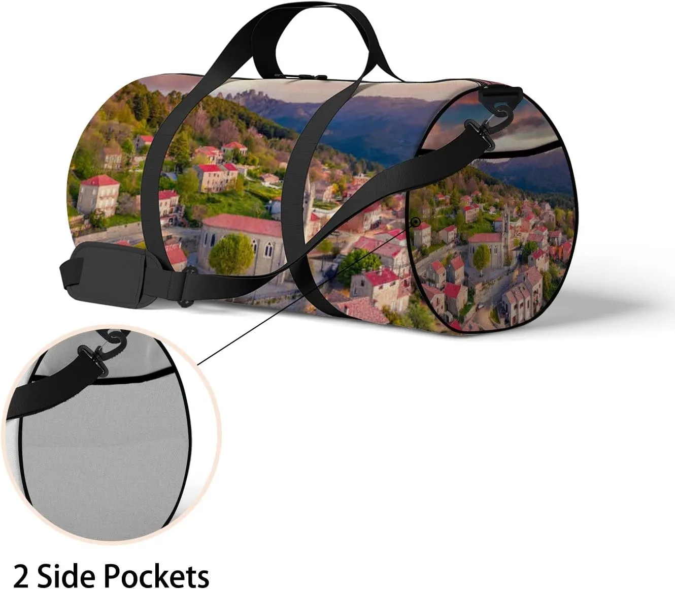 Red Beautiful Scenic Sight Little Town Sports Bag Tote Bag Waterproof Gym Bag with Shoulder Strap Zipper 2 Side Pockets for Men and Women, Travel and Storage Shoulder Bag.