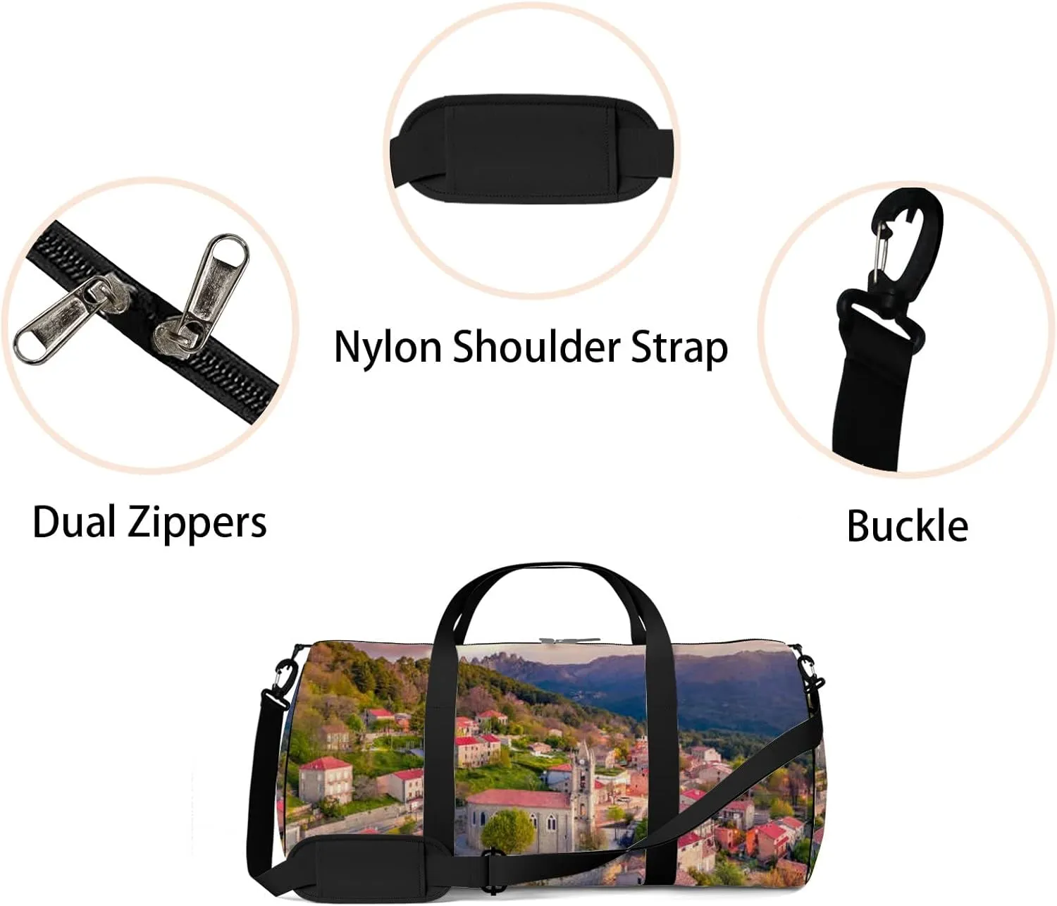 Red Beautiful Scenic Sight Little Town Sports Bag Tote Bag Waterproof Gym Bag with Shoulder Strap Zipper 2 Side Pockets for Men and Women, Travel and Storage Shoulder Bag.