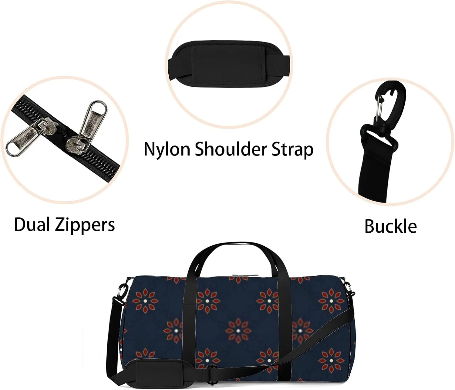 Red Flowers Motif on a Retro Navy Blue Sports Bag Tote Bag Waterproof Gym Bag with Shoulder Strap Zipper 2 Side Pockets for Men and Women, Travel and Storage Shoulder Bag.