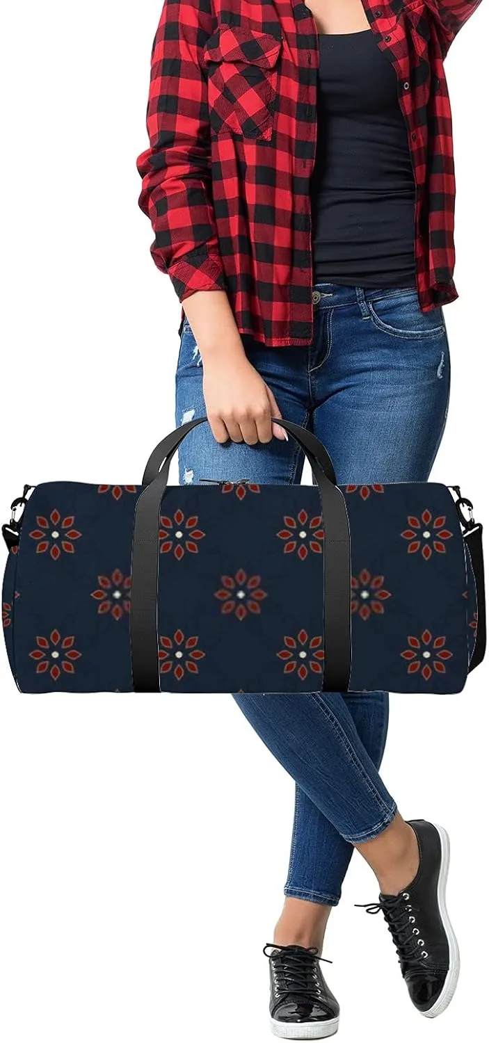 Red Flowers Motif on a Retro Navy Blue Sports Bag Tote Bag Waterproof Gym Bag with Shoulder Strap Zipper 2 Side Pockets for Men and Women, Travel and Storage Shoulder Bag.