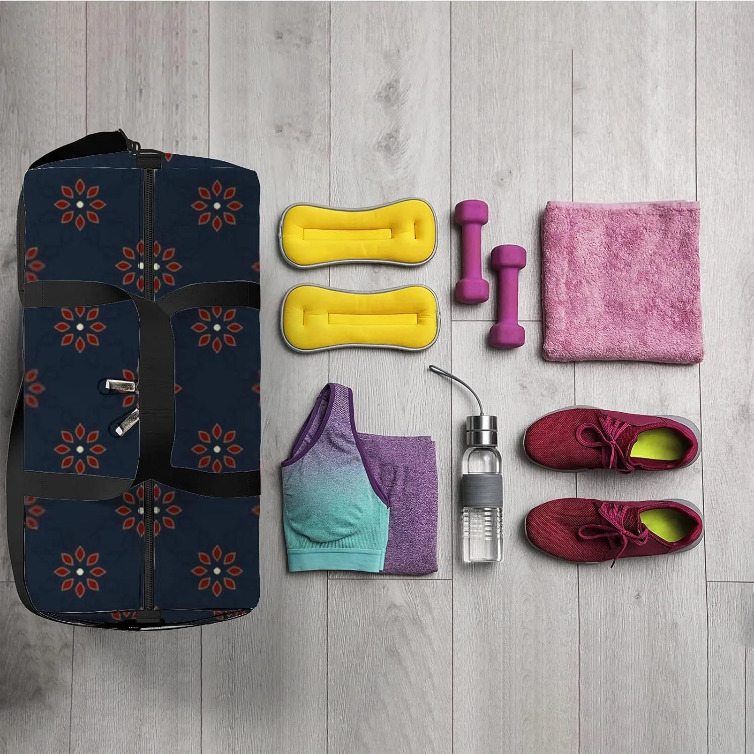 Red Flowers Motif on a Retro Navy Blue Sports Bag Tote Bag Waterproof Gym Bag with Shoulder Strap Zipper 2 Side Pockets for Men and Women, Travel and Storage Shoulder Bag.