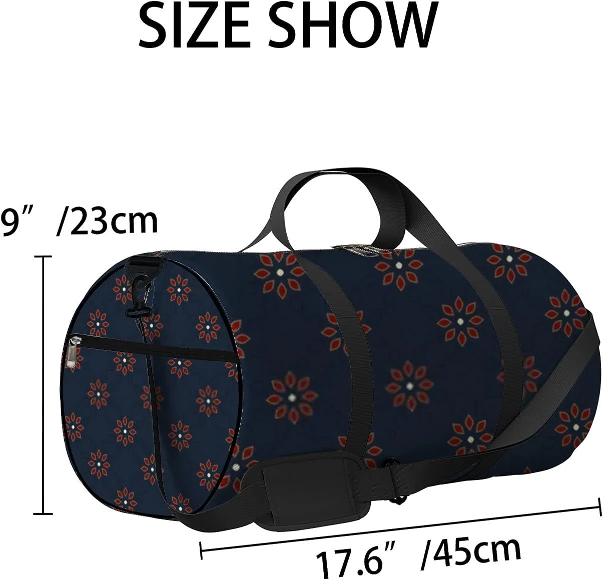 Red Flowers Motif on a Retro Navy Blue Sports Bag Tote Bag Waterproof Gym Bag with Shoulder Strap Zipper 2 Side Pockets for Men and Women, Travel and Storage Shoulder Bag.