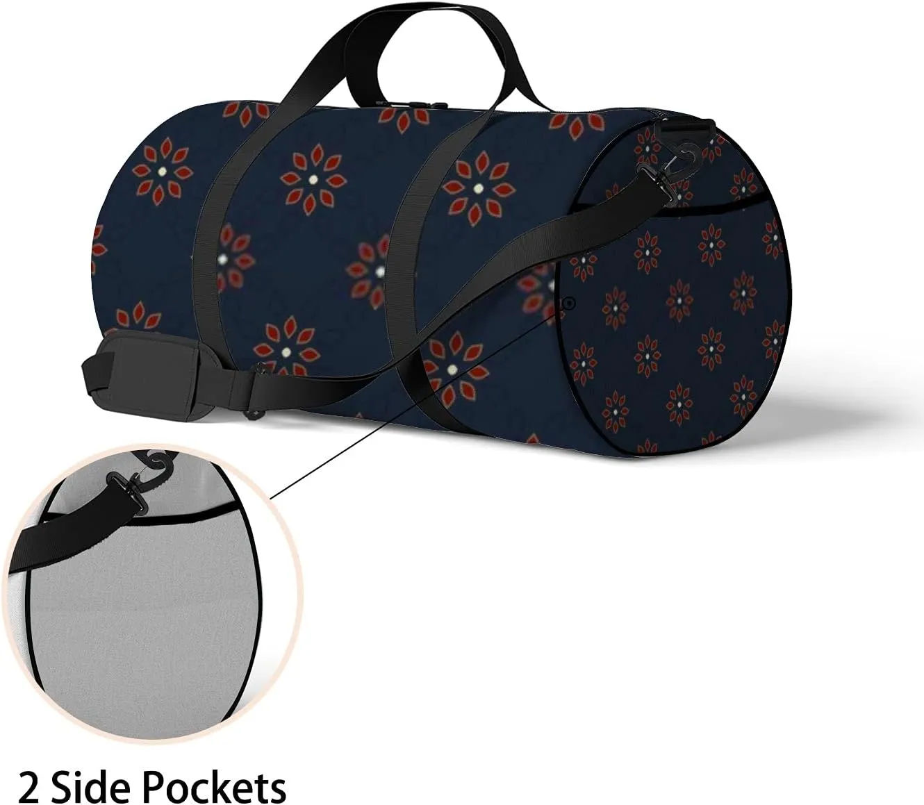 Red Flowers Motif on a Retro Navy Blue Sports Bag Tote Bag Waterproof Gym Bag with Shoulder Strap Zipper 2 Side Pockets for Men and Women, Travel and Storage Shoulder Bag.