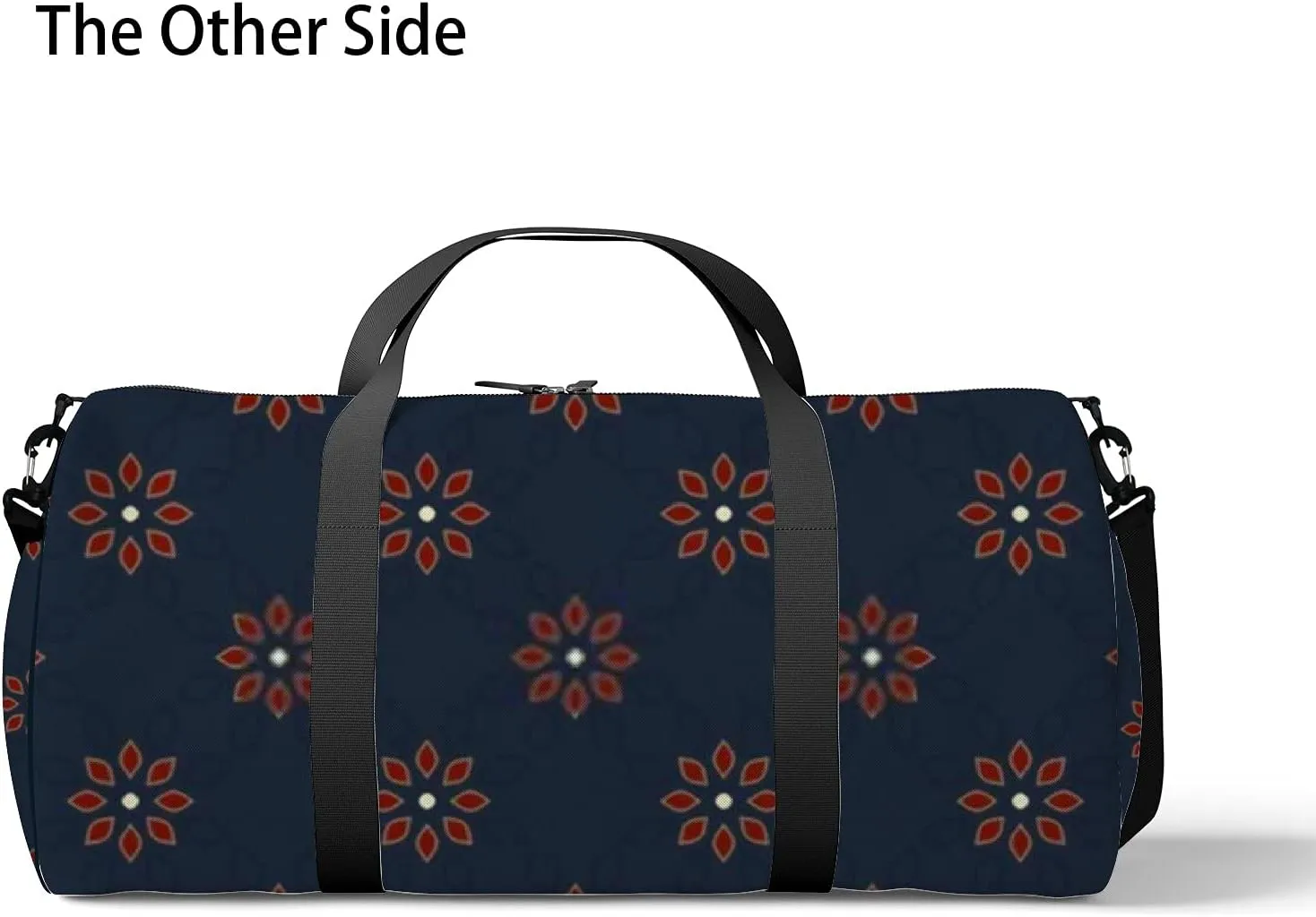 Red Flowers Motif on a Retro Navy Blue Sports Bag Tote Bag Waterproof Gym Bag with Shoulder Strap Zipper 2 Side Pockets for Men and Women, Travel and Storage Shoulder Bag.