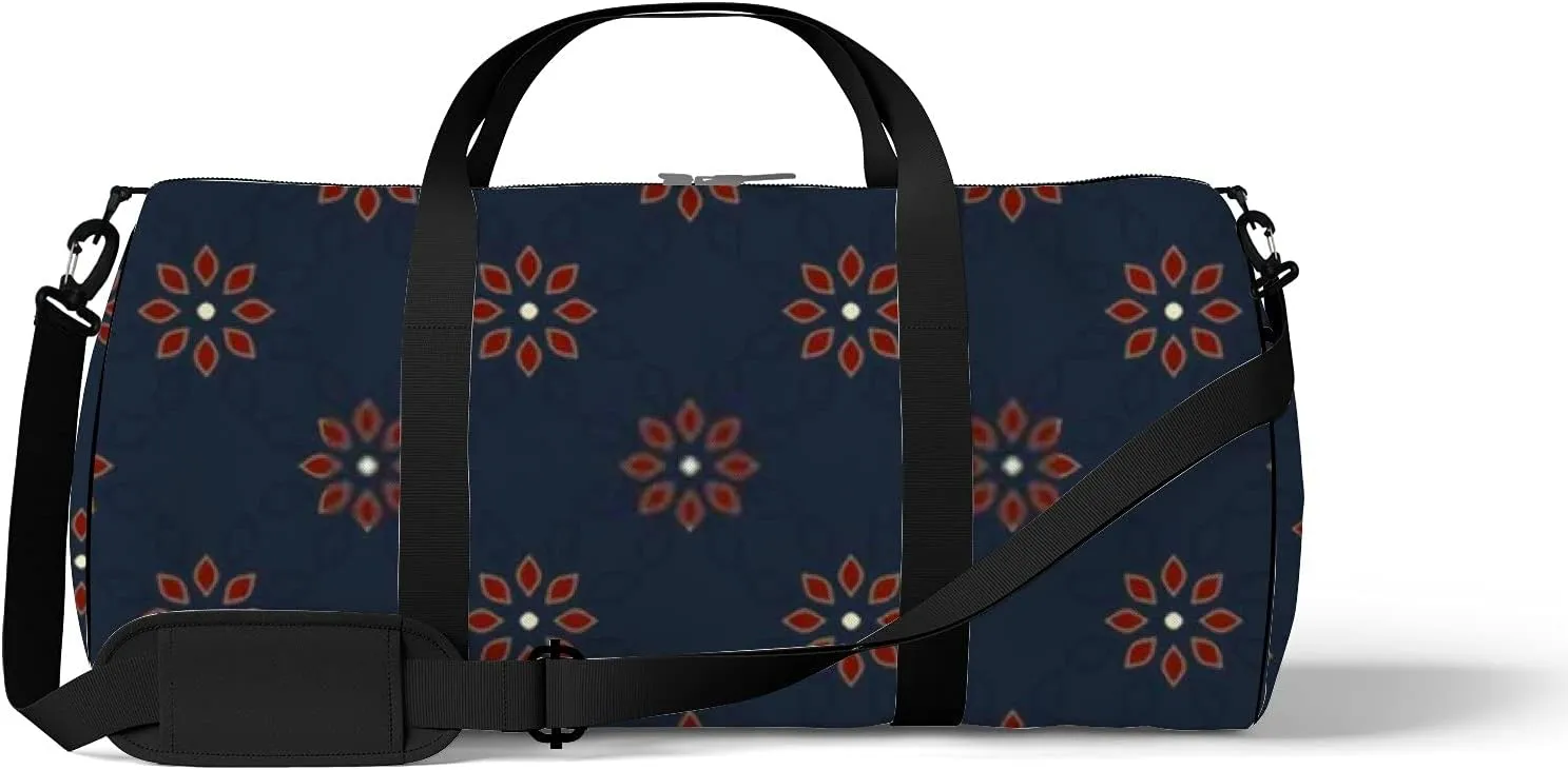 Red Flowers Motif on a Retro Navy Blue Sports Bag Tote Bag Waterproof Gym Bag with Shoulder Strap Zipper 2 Side Pockets for Men and Women, Travel and Storage Shoulder Bag.