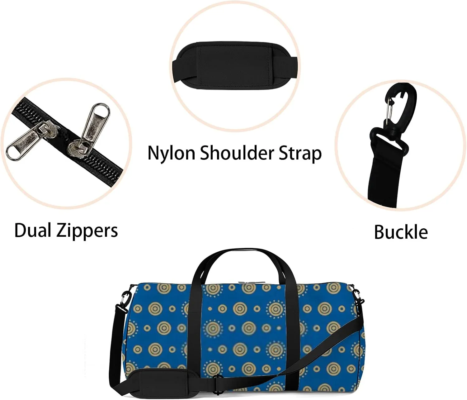 Retro Navy Blue Circles Flower Pattern Sports Bag Tote Bag Waterproof Gym Bag with Shoulder Strap Zipper 2 Side Pockets for Men and Women, Travel and Storage Shoulder Bag.