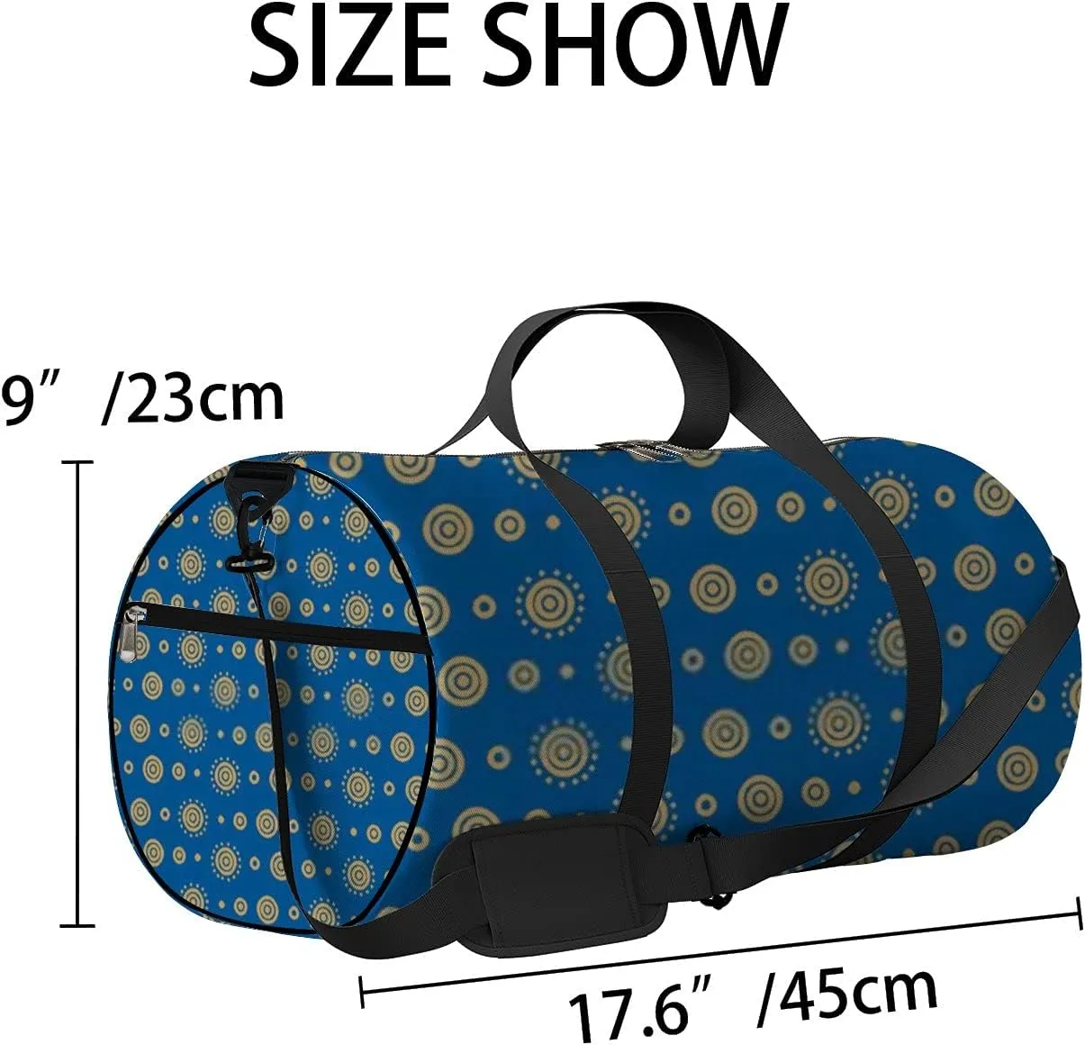 Retro Navy Blue Circles Flower Pattern Sports Bag Tote Bag Waterproof Gym Bag with Shoulder Strap Zipper 2 Side Pockets for Men and Women, Travel and Storage Shoulder Bag.