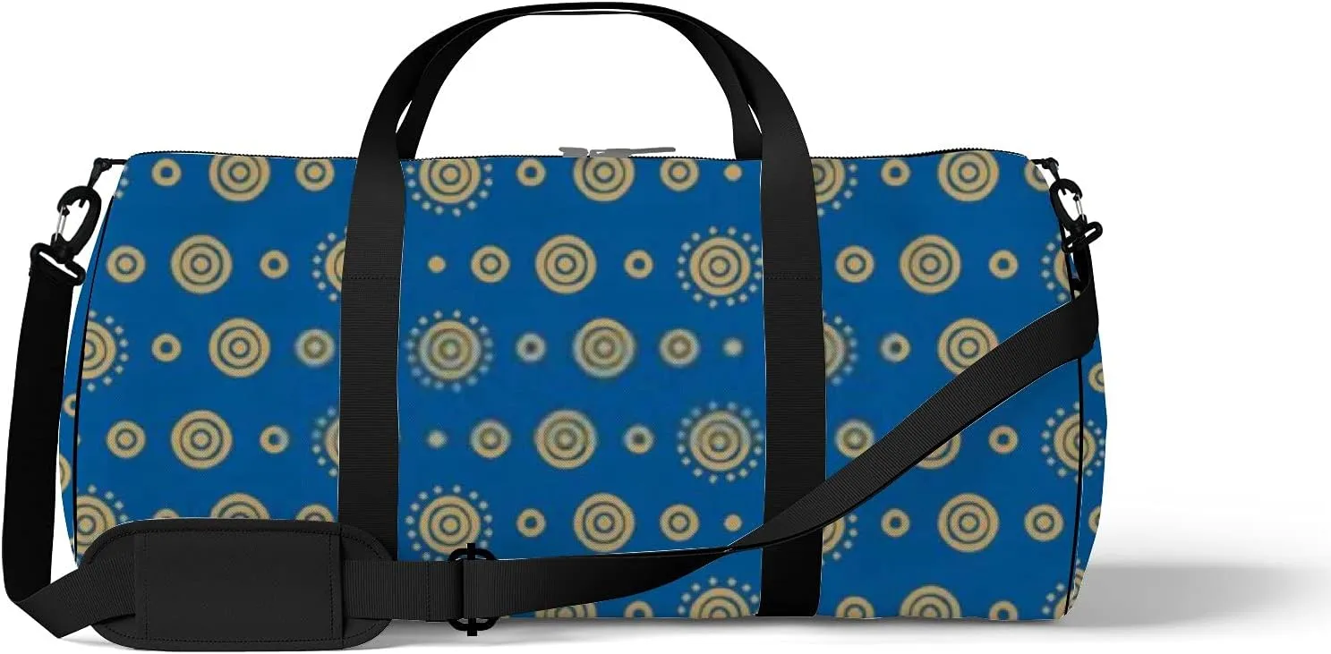 Retro Navy Blue Circles Flower Pattern Sports Bag Tote Bag Waterproof Gym Bag with Shoulder Strap Zipper 2 Side Pockets for Men and Women, Travel and Storage Shoulder Bag.