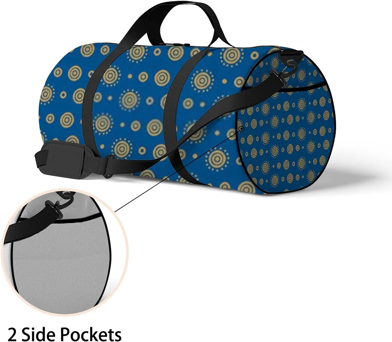 Retro Navy Blue Circles Flower Pattern Sports Bag Tote Bag Waterproof Gym Bag with Shoulder Strap Zipper 2 Side Pockets for Men and Women, Travel and Storage Shoulder Bag.