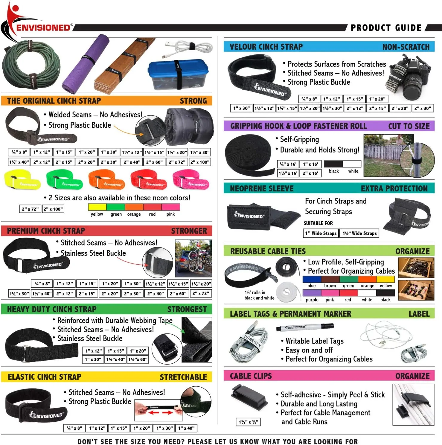 Reusable Cinch Straps 2" x 60" - 6 Pack, Multipurpose Strong Gripping, Quality Hook and Loop Securing Straps (Black)