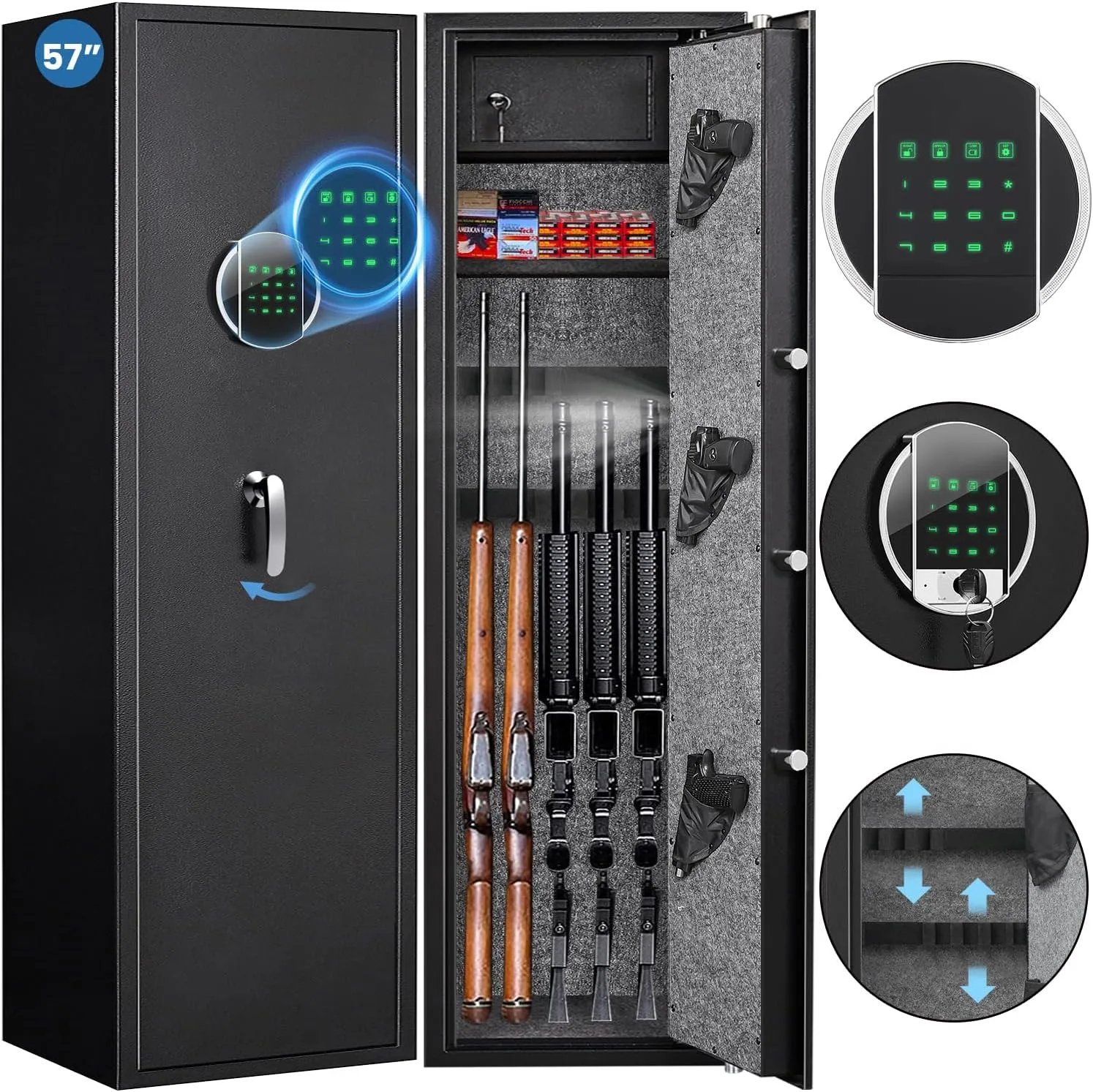 Rifle Gun Safe, 3-5 Long Safes for Home and Pistols, Quick Access Electronic Cabinets Rifles Shotguns with LED Light & Removable Shelf, 3 Handgun Pouches
