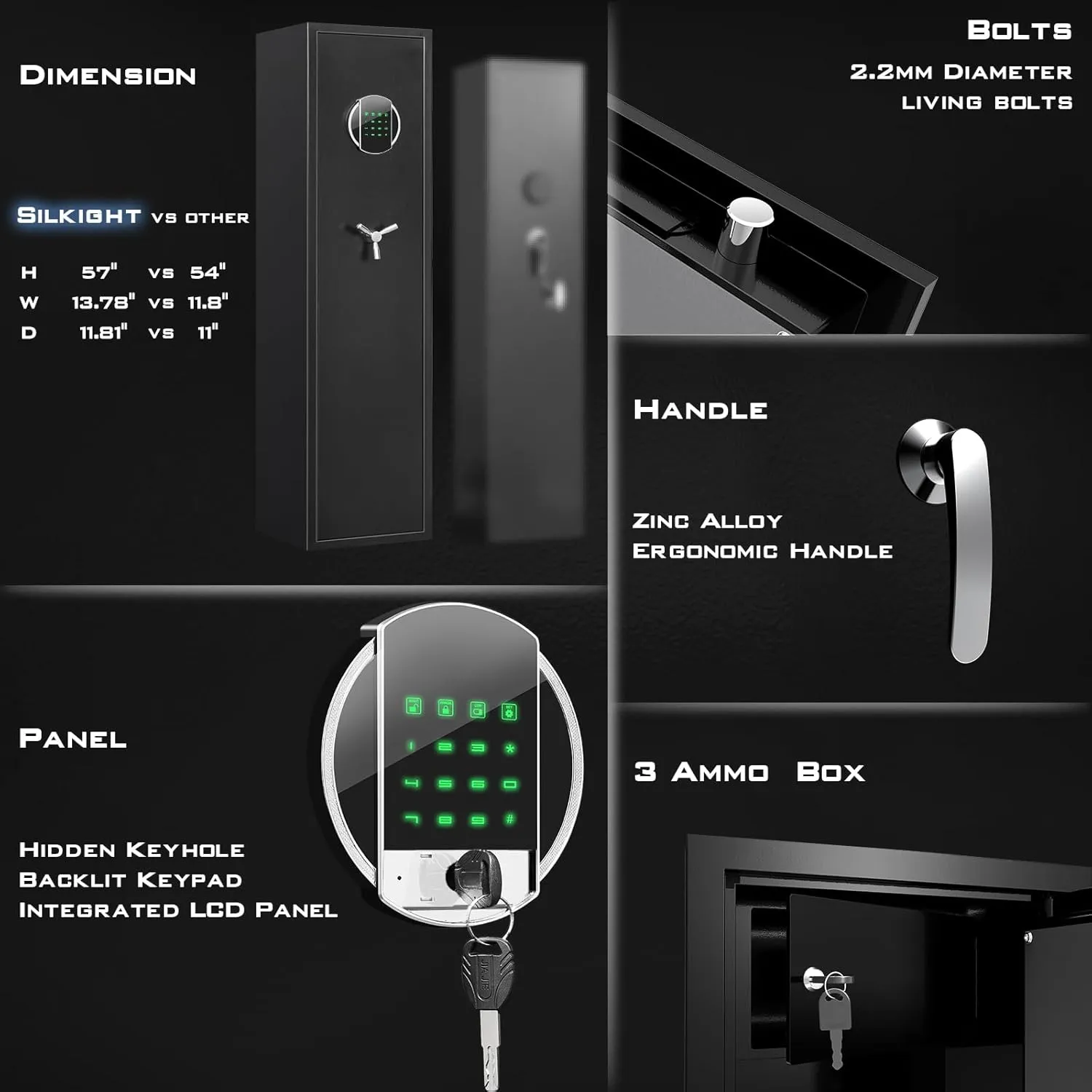 Rifle Gun Safe, 3-5 Long Safes for Home and Pistols, Quick Access Electronic Cabinets Rifles Shotguns with LED Light & Removable Shelf, 3 Handgun Pouches