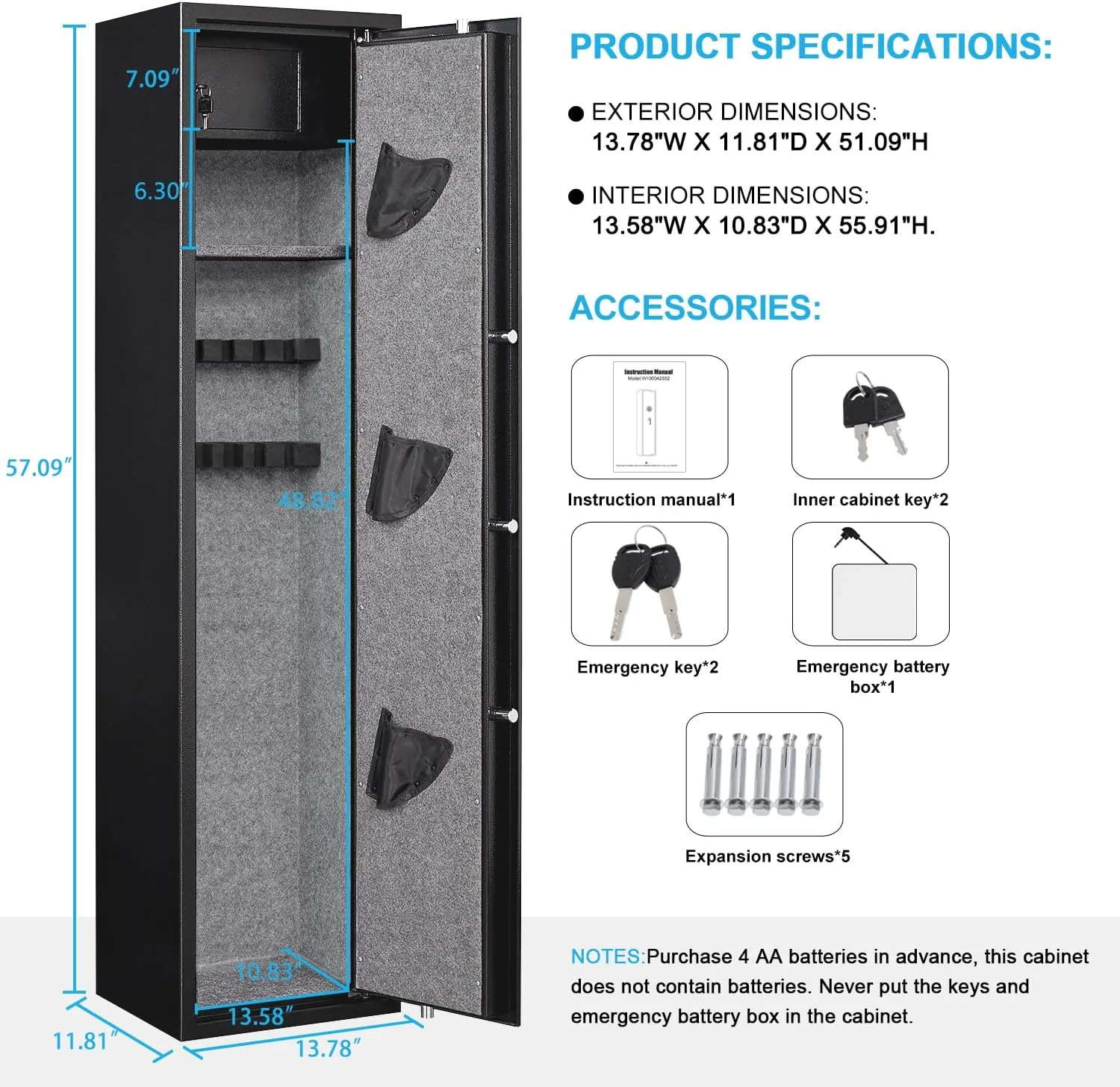 Rifle Gun Safe, 3-5 Long Safes for Home and Pistols, Quick Access Electronic Cabinets Rifles Shotguns with LED Light & Removable Shelf, 3 Handgun Pouches