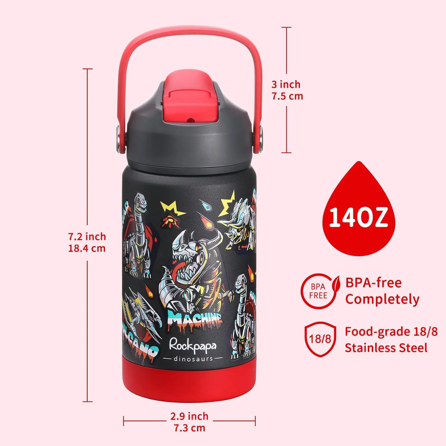 rockpapa Kids Insulated Water Bottle with Straw, BPA-Free, 18/8 Stainless Steel, Leak Proof, 14OZ Metal Cup Water Bottle for School Boys Girls (Black Dinosaur)