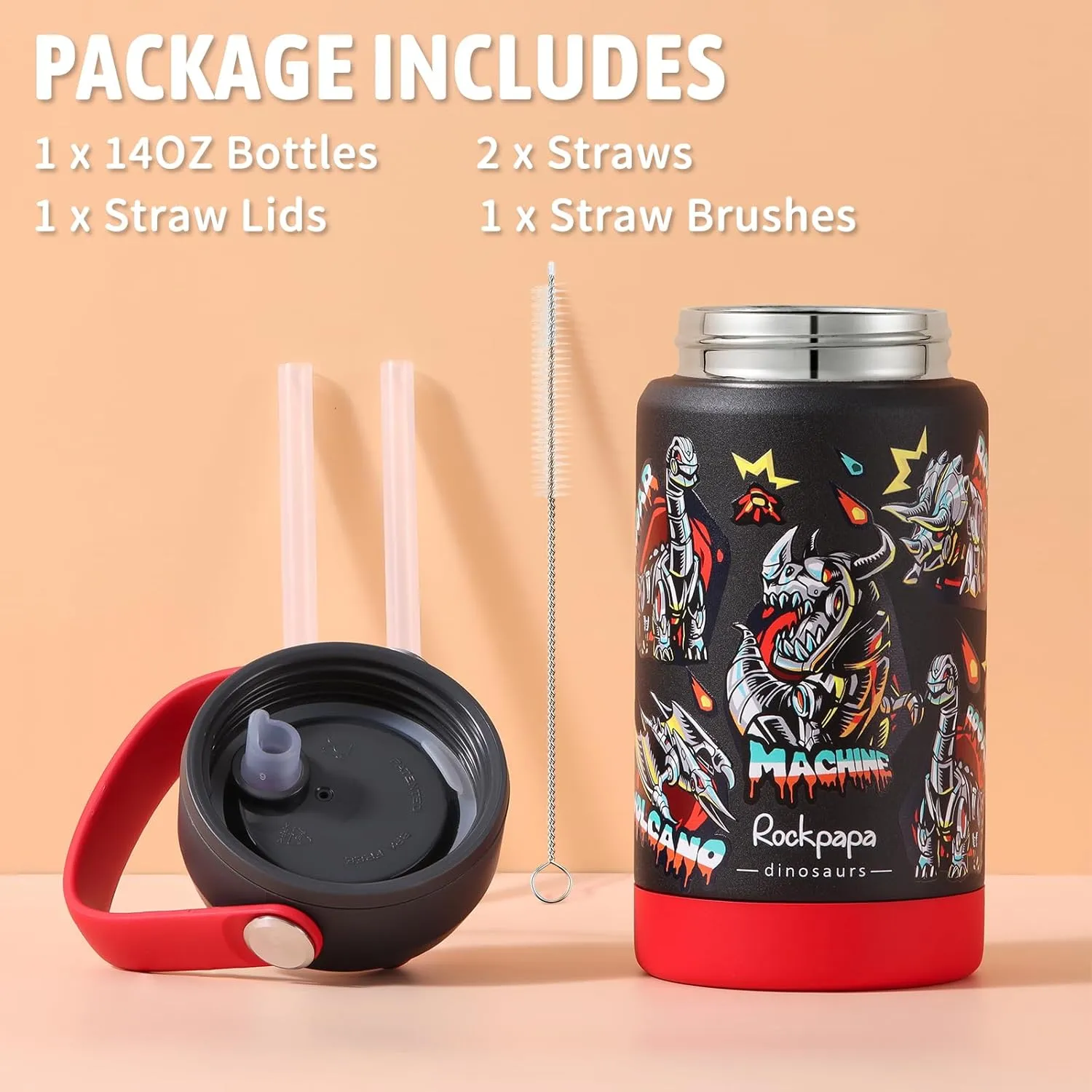 rockpapa Kids Insulated Water Bottle with Straw, BPA-Free, 18/8 Stainless Steel, Leak Proof, 14OZ Metal Cup Water Bottle for School Boys Girls (Black Dinosaur)