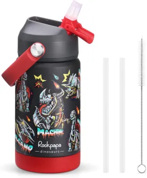 rockpapa Kids Insulated Water Bottle with Straw, BPA-Free, 18/8 Stainless Steel, Leak Proof, 14OZ Metal Cup Water Bottle for School Boys Girls (Black Dinosaur)