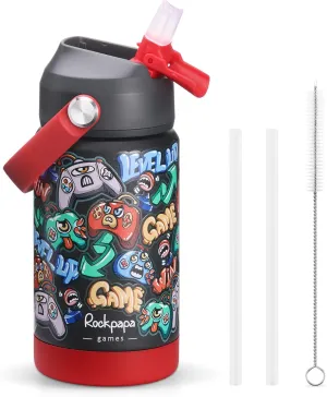 rockpapa Kids Insulated Water Bottle with Straw, BPA-Free, 18/8 Stainless Steel, Leak Proof, 14OZ Metal Cup Water Bottle for School Boys Girls (Black Games)
