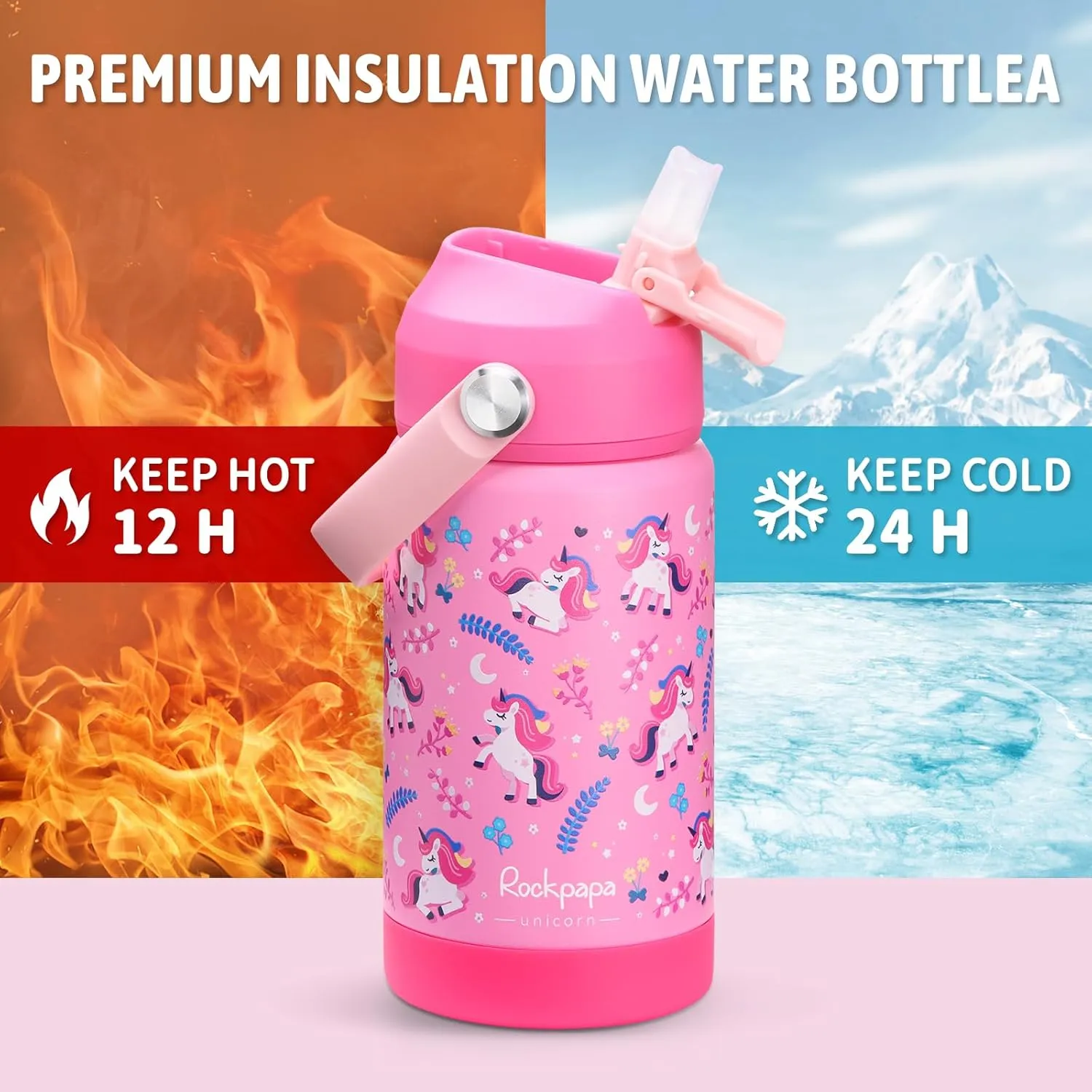 rockpapa Kids Insulated Water Bottle with Straw, BPA-Free, 18/8 Stainless Steel, Leak Proof, 14OZ Metal Cup Water Bottle for School Boys Girls (Pink Unicorn)
