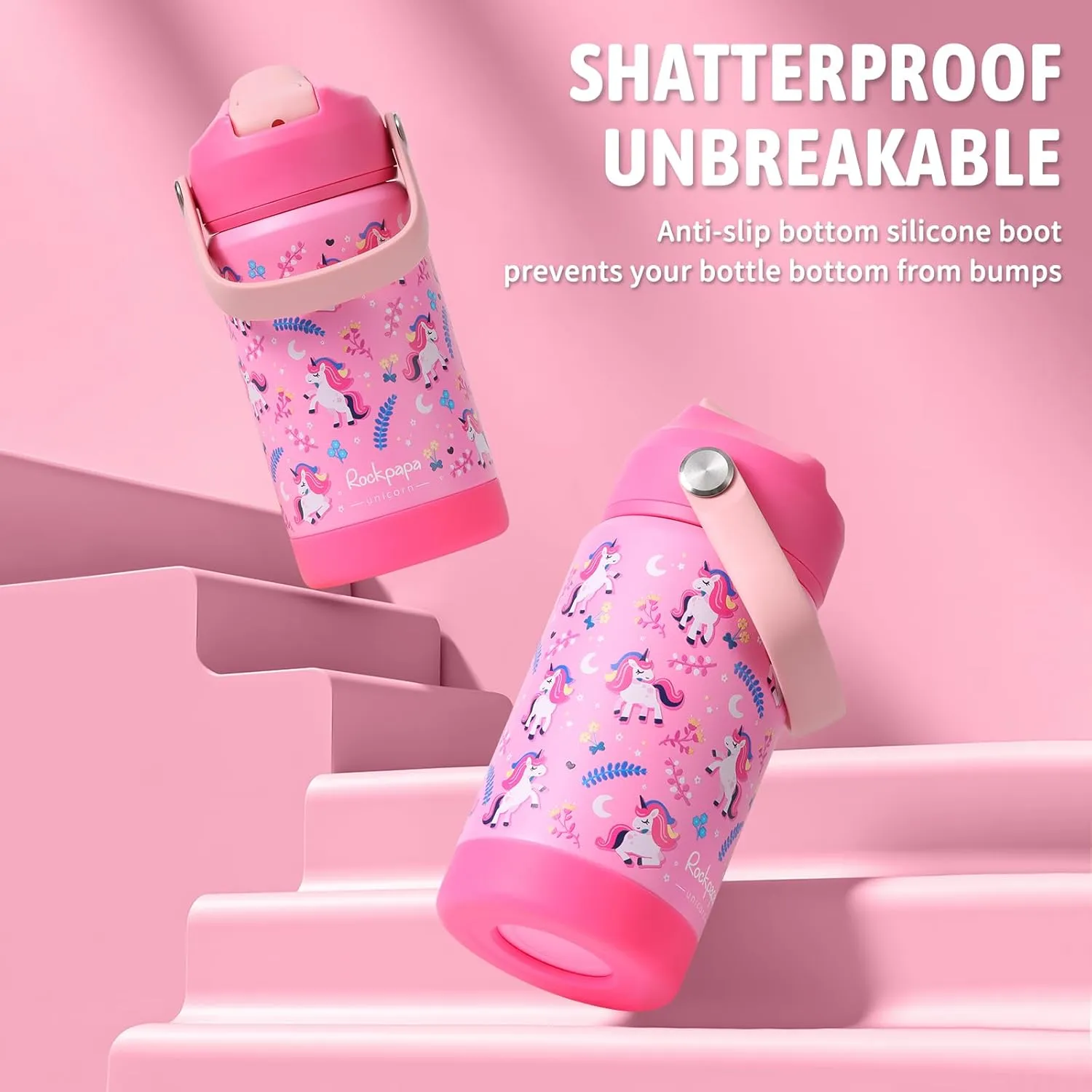 rockpapa Kids Insulated Water Bottle with Straw, BPA-Free, 18/8 Stainless Steel, Leak Proof, 14OZ Metal Cup Water Bottle for School Boys Girls (Pink Unicorn)