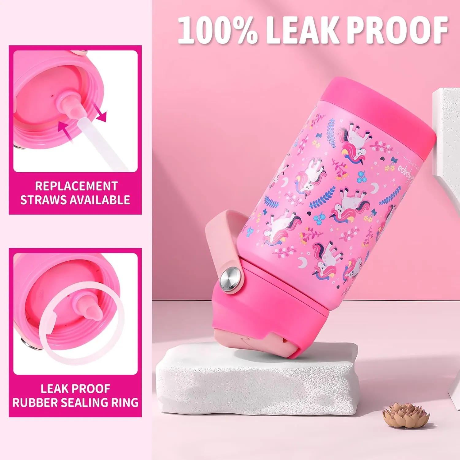 rockpapa Kids Insulated Water Bottle with Straw, BPA-Free, 18/8 Stainless Steel, Leak Proof, 14OZ Metal Cup Water Bottle for School Boys Girls (Pink Unicorn)