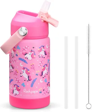 rockpapa Kids Insulated Water Bottle with Straw, BPA-Free, 18/8 Stainless Steel, Leak Proof, 14OZ Metal Cup Water Bottle for School Boys Girls (Pink Unicorn)