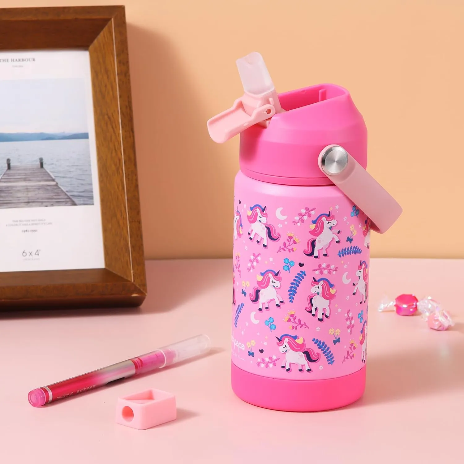 rockpapa Kids Insulated Water Bottle with Straw, BPA-Free, 18/8 Stainless Steel, Leak Proof, 14OZ Metal Cup Water Bottle for School Boys Girls (Pink Unicorn)