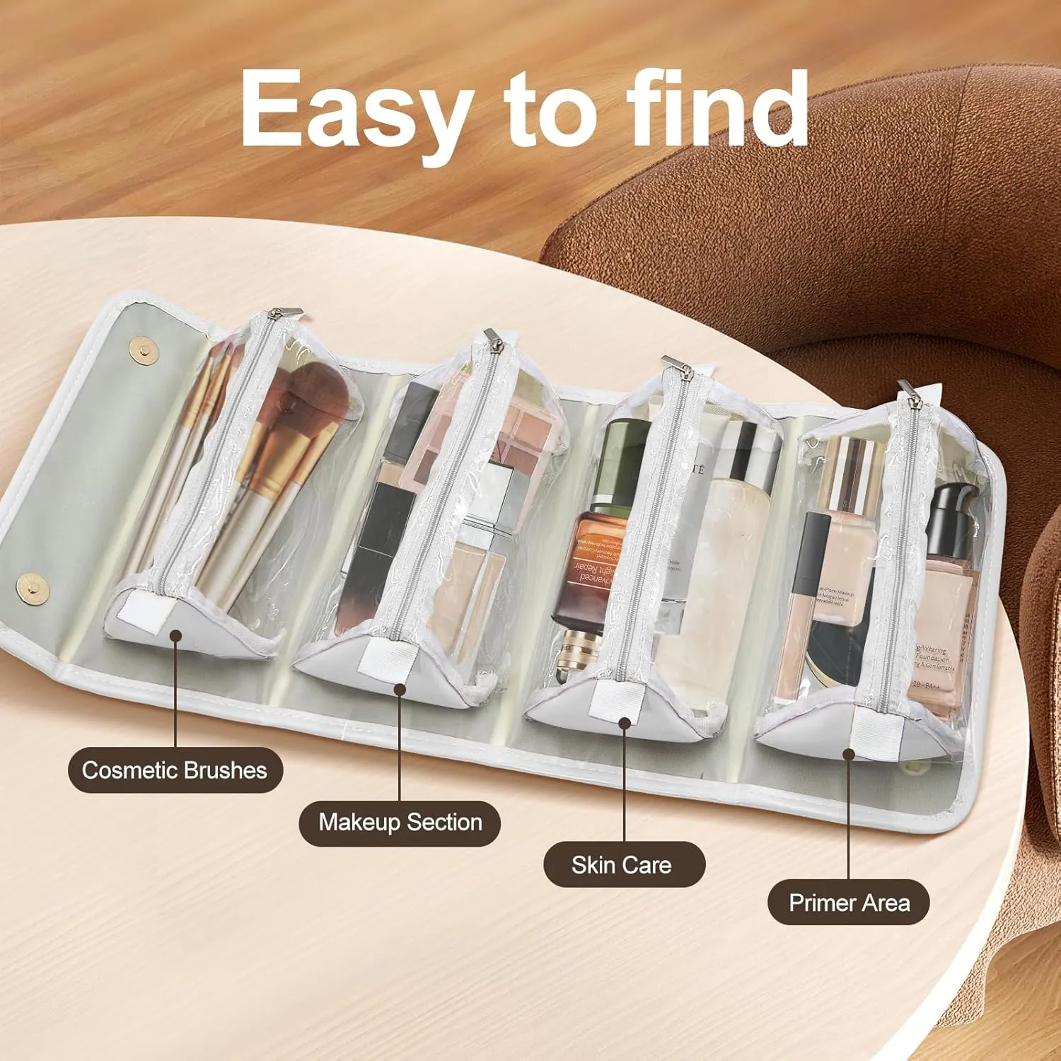 Roll up Makeup Bag, Travel Toiletry Bag, Multi-compartment Transparent Cosmetic Bag, Portable Waterproof Detachable Hanging Toiletry Bag.