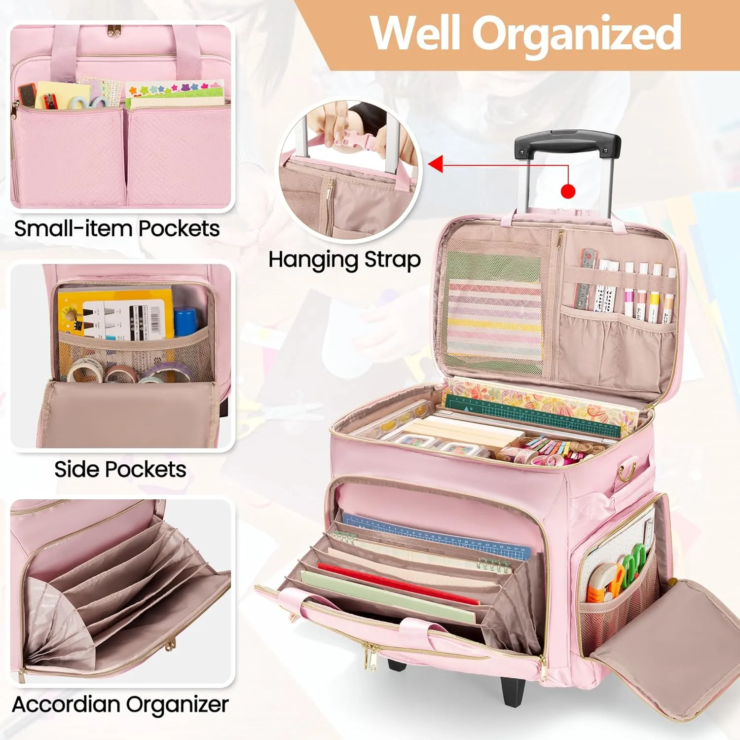 Rolling Scrapbook Bag, Scrapbook Storage Tote Bag with Wheels, Craft Cart Organizer with Detachable Trolley, Art Supplies Organizer Bag for Artist Crafter Teacher, Pink(Patent Design)