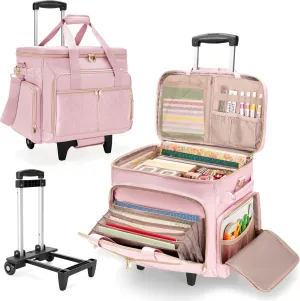 Rolling Scrapbook Bag, Scrapbook Storage Tote Bag with Wheels, Craft Cart Organizer with Detachable Trolley, Art Supplies Organizer Bag for Artist Crafter Teacher, Pink(Patent Design)