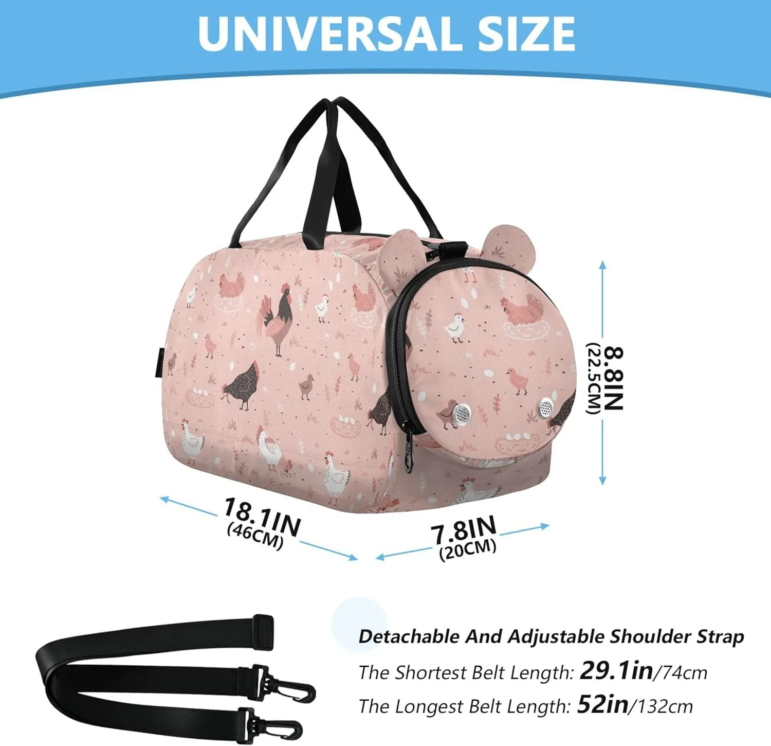 Rooster Chicken Pink Gym Duffel Bag with Shoes Compartment Large Capacity Overnight Travel Weekender Tote for Travel, Sports, Duffel, Weekender